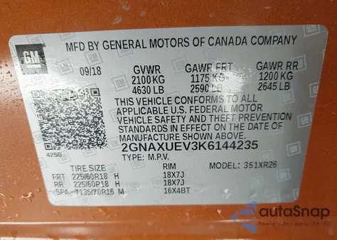 2019 Chevrolet Equinox Lt из США, поврежденный, VIN 2GNAXUEV3K6144235